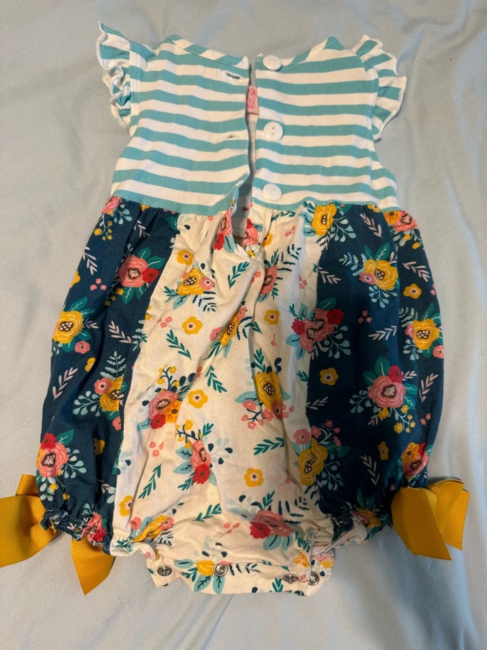 Ricrac & Ruffles - Striped & Floral Baby Romper with Yellow Accents